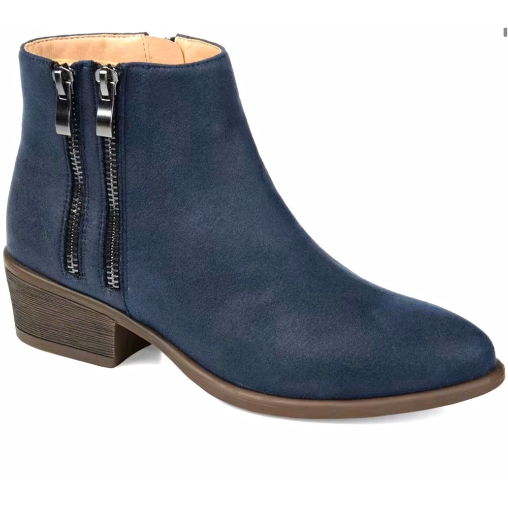 Journee Jayda Blue Faux Suede Ankle Bootie Double Zip Block Heel 8.5 POT001672